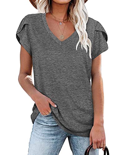 Damen Sommer Tops Damen Kurzarm V-Ausschnitt Gym Wear Shirts (Grau,M) von PLOKNRD