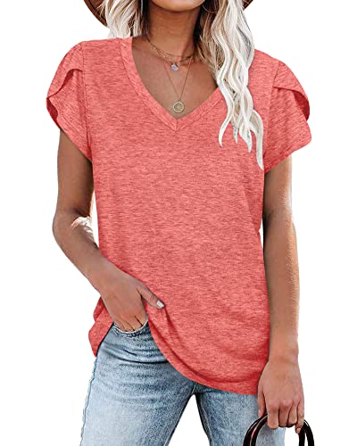 Damen Sommer Tops Damen Kurzarm V-Ausschnitt Gym Wear Shirts (Koralle,M) von PLOKNRD