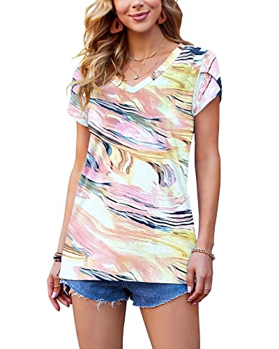 Damen T-Shirts Sommer Flügelärmeln V-Ausschnitt Tops für Frauen (Aquarell,L) von PLOKNRD