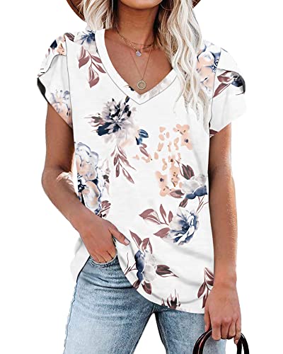 Damen Tops V-Ausschnitt Blütenblatt Ärmel T-Shirt Sommer Kausal Tunika (Blumen weiß,XXL) von PLOKNRD