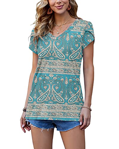 Damen Tops V-Ausschnitt Blütenblatt Ärmel T-Shirt Sommer Kausal Tunika (Boho grün,XXL) von PLOKNRD