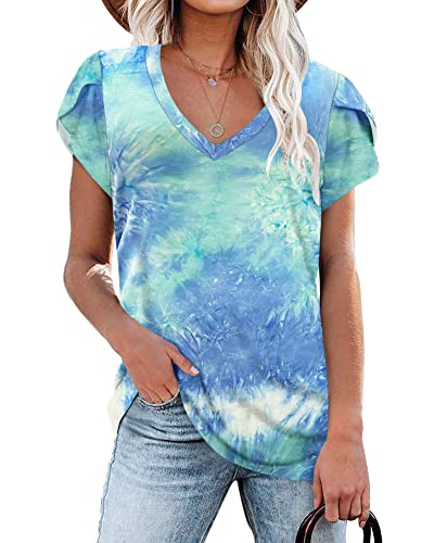 Damen Tops V-Ausschnitt Blütenblatt Ärmel T-Shirt Sommer Kausal Tunika (Tie Dye Bleu,XXL) von PLOKNRD