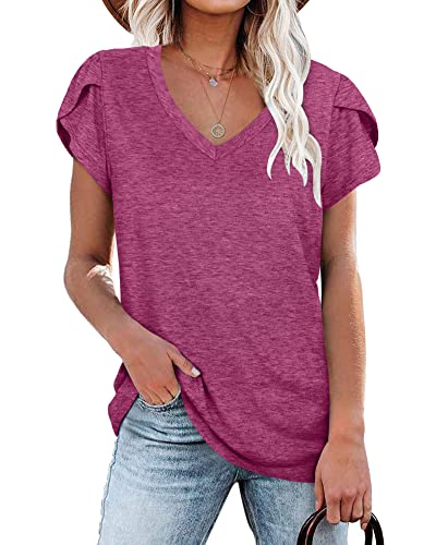 Damen Tops V-Ausschnitt Blütenblatt Ärmel T-Shirt Sommer Kausal Tunika (Violett,XXL) von PLOKNRD