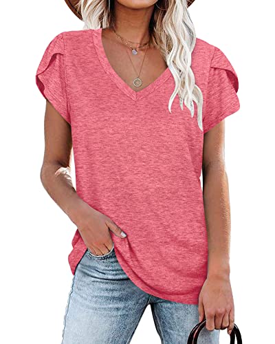 Damen Tops V-Ausschnitt Blütenblatt Ärmel T-Shirt Sommer Kausal Tunika (rot,XXL) von PLOKNRD