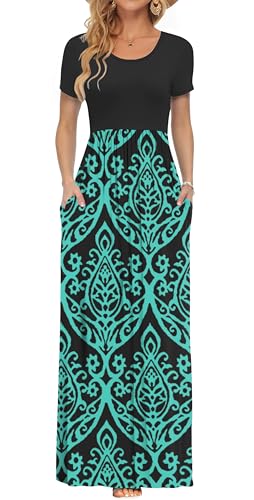 PLOKNRD Damen Sommerkleider Lang Maxikleid Elegant Freizeitkleid mit Taschen 2XL Schwarz Grün von PLOKNRD