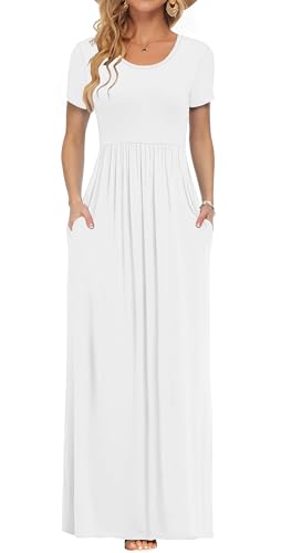 PLOKNRD Damen Sommerkleider Lang Maxikleid Elegant Freizeitkleid mit Taschen L Weiß von PLOKNRD