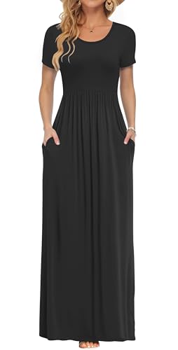 PLOKNRD Damen Sommerkleider Lang Maxikleid Elegant Freizeitkleid mit Taschen S Schwarz von PLOKNRD