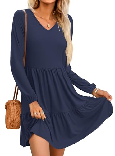 PLOKNRD Damen Langarm Kleid V-Ausschnitt Freizeitkleid mit Taschen Elegant Schichten Design Kleider Midi Herbst Winter Blau Navy M von PLOKNRD