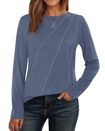 PLOKNRD Damen Langarm T-Shirt Rundhals Freizeit Oberteile Herbst Winter Dünne Sweatshirt Elegant Blusen Grau Blau XL von PLOKNRD