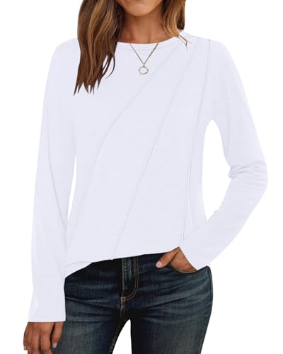 PLOKNRD Damen Langarm T-Shirt Rundhals Freizeit Oberteile Herbst Winter Dünne Sweatshirt Elegant Blusen Weiß S von PLOKNRD