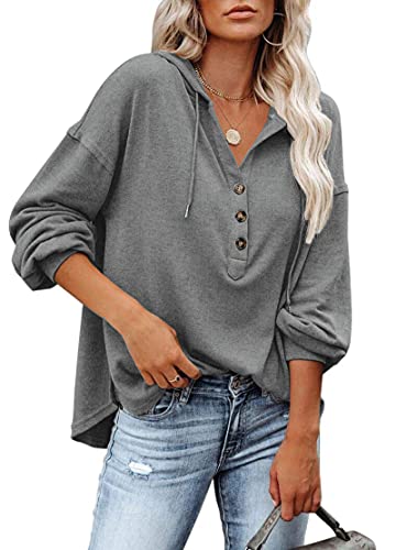 PLOKNRD Kapuzenpullover Damen Langarm Knöpfen Pullover mit Kordelzug Freizeit V-Ausschnitt Hooded Henley Sweatshirt Klassisch(Dunkelgrau, M) von PLOKNRD