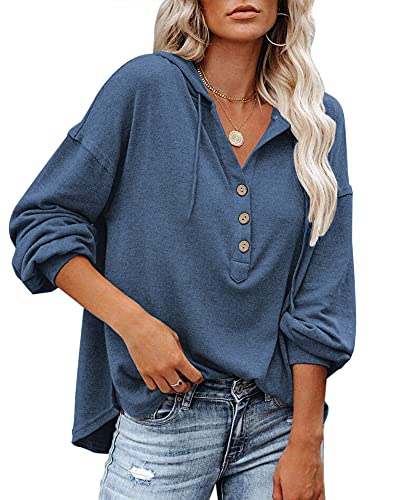 PLOKNRD Damen Oversized Sweatshirt Langarm Button Down Kapuzenpullover mit Kordelzug44-46 （Marineblau,L von PLOKNRD