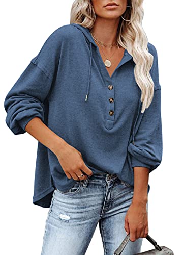 PLOKNRD Kapuzenpullover Damen Langarm Knöpfen Pullover mit Kordelzug Freizeit V-Ausschnitt Hooded Henley Sweatshirt Klassisch(Navy Blau, L) von PLOKNRD