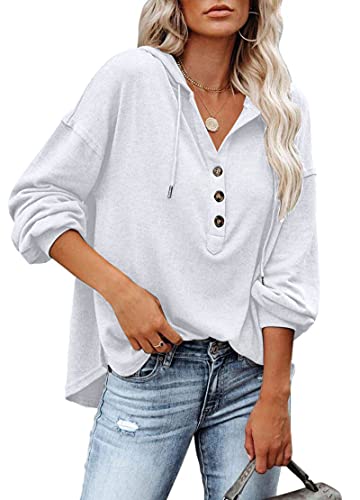 PLOKNRD Kapuzenpullover Damen Langarm Knöpfen Pullover mit Kordelzug Freizeit V-Ausschnitt Hooded Henley Sweatshirt Klassisch(Weiß, L) von PLOKNRD