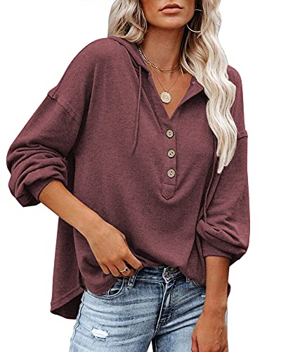 PLOKNRD Damen Oversized Sweatshirt Langarm Button Down Kapuzenpullover mit Kordelzug 44-46 (Burgund, L) von PLOKNRD