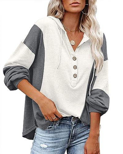 PLOKNRD Damen Oversized Sweatshirt Langarm Button Down Kapuzenpullover mit Kordelzug 44-46（Grau Block,L von PLOKNRD