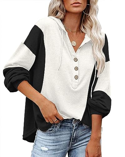 PLOKNRD Kapuzenpullover Damen Langarm Knöpfen Pullover mit Kordelzug Freizeit V-Ausschnitt Hooded Henley Sweatshirt Klassisch(Schwarzer Block, L) von PLOKNRD