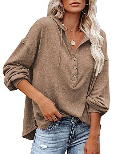 PLOKNRD Damen Oversized Sweatshirt Langarm Knopfleiste Kapuzenpullover mit Kordelzug 48-50 （Khaki,XL von PLOKNRD