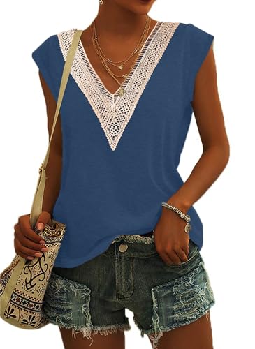 PLOKNRD Damen Sommer Kurzarm T-Shirt Lässiges Oberteil mit V-Ausschnitt Modisches Party Top mit Spitze Ausschnitt(Blau Navy,M) von PLOKNRD