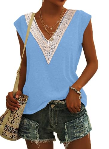 PLOKNRD Damen Sommer Kurzarm T-Shirt Lässiges Oberteil mit V-Ausschnitt Modisches Party Top mit Spitze Ausschnitt(Himmelblau,M) von PLOKNRD