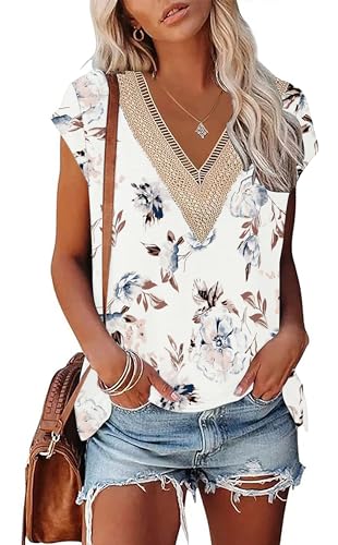 PLOKNRD Damen Sommer Kurzarm T-Shirt Lässiges Oberteil mit V-Ausschnitt Modisches Party Top mit Spitze Ausschnitt(Weiße Blüten,M) von PLOKNRD