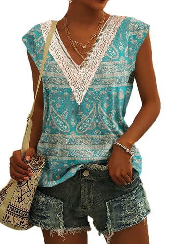 PLOKNRD Damen Sommer T-Shirt Freizeit Top mit V-Ausschnitt und Kurzen Ärmeln Boho Elegant Strand Oberteile(Grün Böhmen,S) von PLOKNRD