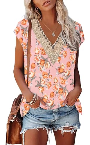 PLOKNRD Damen Sommer T-Shirt Freizeit Top mit V-Ausschnitt und Kurzen Ärmeln Elegant Strand Oberteile(Rosa Tulip,S) von PLOKNRD