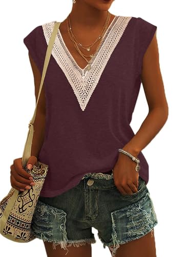 PLOKNRD Damen Sommer T-Shirt Freizeit Top mit V-Ausschnitt und Kurzen Ärmeln Elegant Strand Oberteile(Weinrot,S) von PLOKNRD