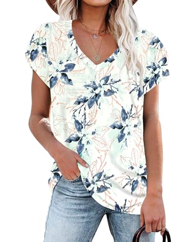 PLOKNRD Damen Sommer Tops Damen Kurzarm V-Ausschnitt Gym Wear Shirts Freizeit (Weiße Grüne Blume,S) von PLOKNRD