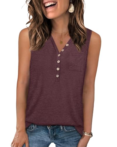 PLOKNRD Top Damen V-Ausschnitt Ärmellos Sommer Knöpfen Tank Top Langschnitt Basic Oberteile(Burgundisch,XL) von PLOKNRD