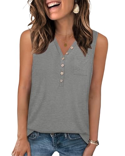 PLOKNRD Top Damen V-Ausschnitt Ärmellos Sommer Knöpfen Tank Top Langschnitt Basic Oberteile(Dunkel Grau,L) von PLOKNRD