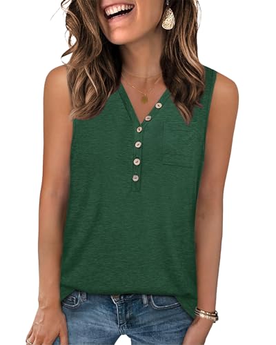 PLOKNRD Damen Sommer V-Ausschnitt Tank Top Knöpfen Ärmellos Läsiges Unterhemd with Tasche(Grün,S) von PLOKNRD