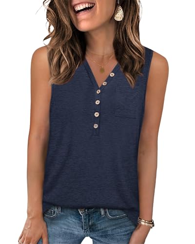 PLOKNRD Top Damen V-Ausschnitt Ärmellos Sommer Knöpfen Tank Top Langschnitt Basic Oberteile(Navy Blau,XL) von PLOKNRD