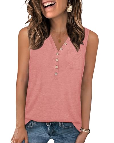 PLOKNRD Top Damen V-Ausschnitt Ärmellos Sommer Knöpfen Tank Top Langschnitt Basic Oberteile(Rosa,L) von PLOKNRD