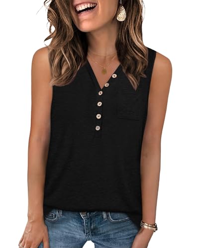 PLOKNRD Top Damen V-Ausschnitt Ärmellos Sommer Knöpfen Tank Top Langschnitt Basic Oberteile(Schwarz,XL) von PLOKNRD