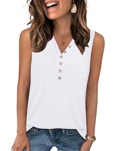 PLOKNRD Top Damen V-Ausschnitt Ärmellos Sommer Knöpfen Tank Top Langschnitt Basic Oberteile(Weiß,S) von PLOKNRD