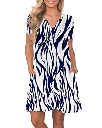 PLOKNRD Damen Sommerkleid 2025 Elegant Plissiert Freizeitkleid Gekerbter V-Ausschnitt T-Shirt Kleid Knielang mit Taschen(Blatt Navy Weiß,S von PLOKNRD