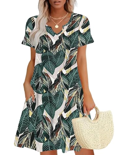PLOKNRD Damen Sommerkleid 2025 Elegant Plissiert Freizeitkleid Gekerbter V-Ausschnitt T-Shirt Kleid Knielang mit Taschen(Blattdruck,M von PLOKNRD