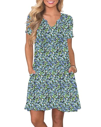 PLOKNRD Damen Sommerkleid 2025 Elegant Plissiert Freizeitkleid Gekerbter V-Ausschnitt T-Shirt Kleid Knielang mit Taschen(Blau Grün Blumen,M von PLOKNRD