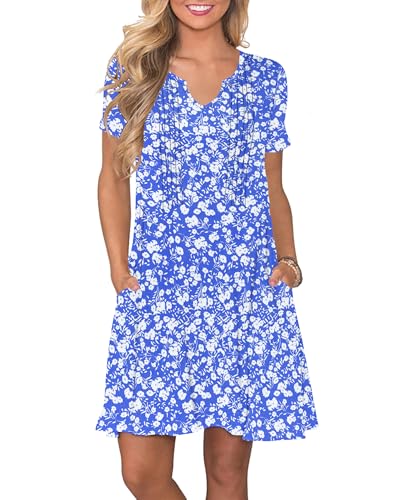 PLOKNRD Damen Sommerkleid 2025 Elegant Plissiert Freizeitkleid Gekerbter V-Ausschnitt T-Shirt Kleid Knielang mit Taschen(Blau Weiß Blumen,XL von PLOKNRD