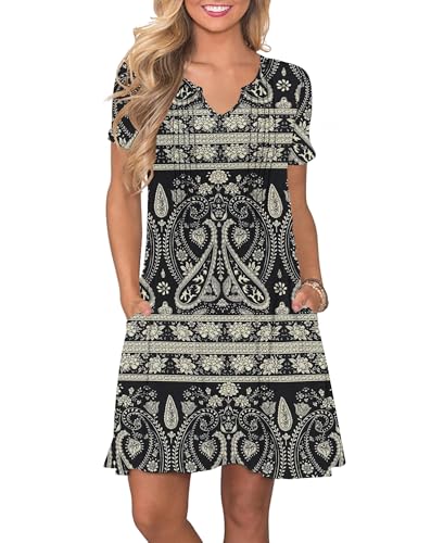 PLOKNRD Damen Sommerkleid 2025 Elegant Plissiert Freizeitkleid Gekerbter V-Ausschnitt T-Shirt Kleid Knielang mit Taschen(Boho Schwarz Blumen,S von PLOKNRD