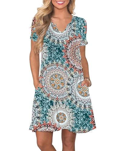 PLOKNRD Damen Sommerkleid 2025 Elegant Plissiert Freizeitkleid Gekerbter V-Ausschnitt T-Shirt Kleid Knielang mit Taschen(Druckengrün,XL von PLOKNRD