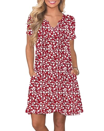 PLOKNRD Damen Sommerkleid 2025 Elegant Plissiert Freizeitkleid Gekerbter V-Ausschnitt T-Shirt Kleid Knielang mit Taschen(Rote Blumen,M von PLOKNRD