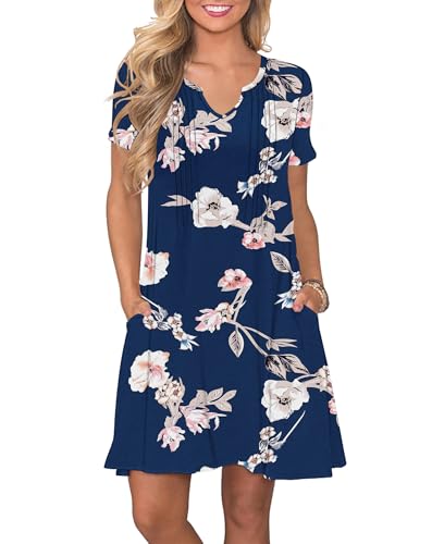 PLOKNRD Damen Sommerkleid 2025 Elegant Plissiert Freizeitkleid Gekerbter V-Ausschnitt T-Shirt Kleid Knielang mit Taschen(Saphirblumen,S von PLOKNRD