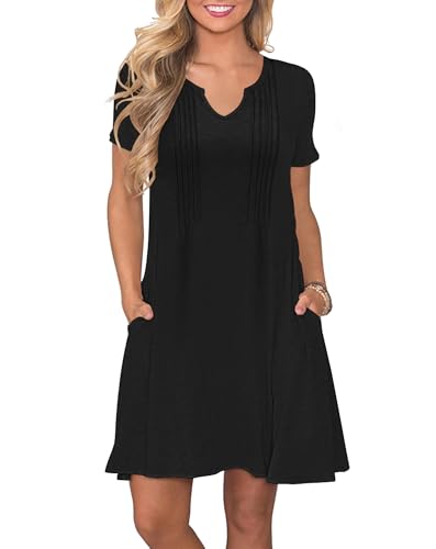 PLOKNRD Damen Sommerkleid 2025 Elegant Plissiert Freizeitkleid Gekerbter V-Ausschnitt T-Shirt Kleid Knielang mit Taschen(Schwarz,L von PLOKNRD