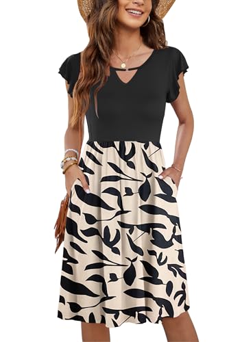 PLOKNRD Damen Sommerkleid Kurzarm V-Ausschnitt Blumenkleid Rüschen Ärmel Freizeitkleid Knielang mit Taschen (Aprikosenschwarz Blätter,M) von PLOKNRD