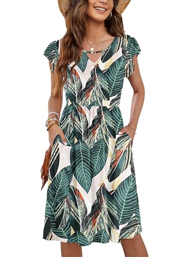 PLOKNRD Damen Sommerkleid Kurzarm V-Ausschnitt Blumenkleid Rüschen Ärmel Freizeitkleid Knielang mit Taschen (Blattdruck,L) von PLOKNRD