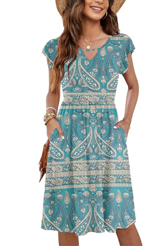 PLOKNRD Damen Sommerkleid Kurzarm V-Ausschnitt Blumenkleid Rüschen Ärmel Freizeitkleid Knielang mit Taschen (Boho Grüne Blumen,2XL) von PLOKNRD