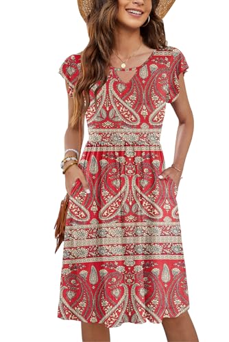 PLOKNRD Damen Sommerkleid Kurzarm V-Ausschnitt Blumenkleid Rüschen Ärmel Freizeitkleid Knielang mit Taschen (Boho Rote Blumen,XL) von PLOKNRD