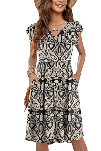 PLOKNRD Damen Sommerkleid Kurzarm V-Ausschnitt Blumenkleid Rüschen Ärmel Freizeitkleid Knielang mit Taschen (Boho Schwarz Blumen,XL) von PLOKNRD